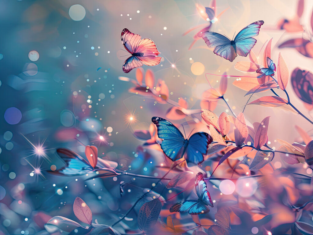 Imagem ilustrando o conteúdo sobre magia natural mostrando borboletas azuis e rosa em meio à floresta. Imagem gerada por IA.