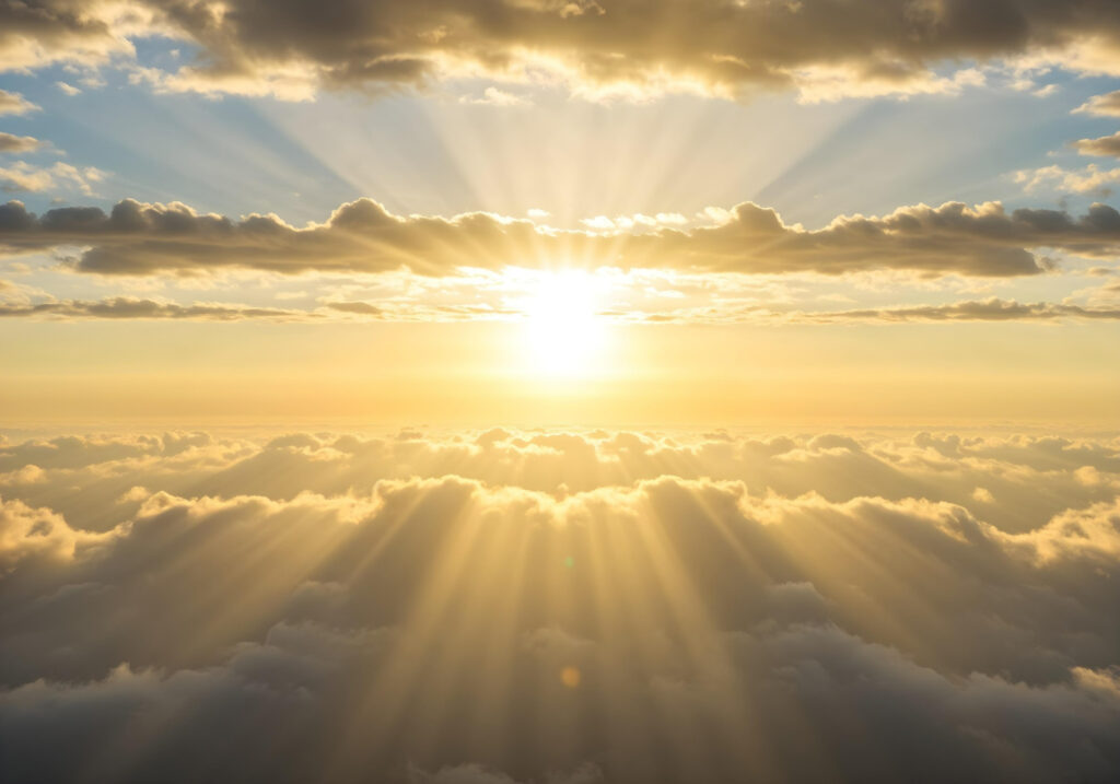Imagem gerada por IA ilustrando o conteúdo sobre os corpos sutis mostando um sol nascente entre nuvens claras.