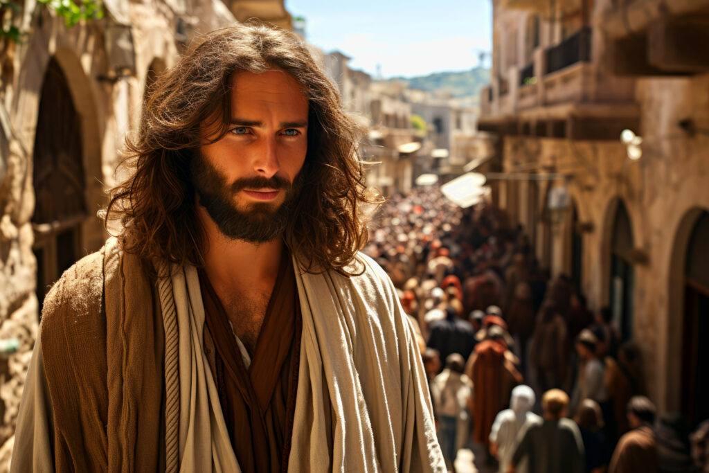 Imagem gerada por IA ilustrando o conteúdo sobre a Arca da Aliança, mostrando Jesus num ponto alto de uma cidade.
